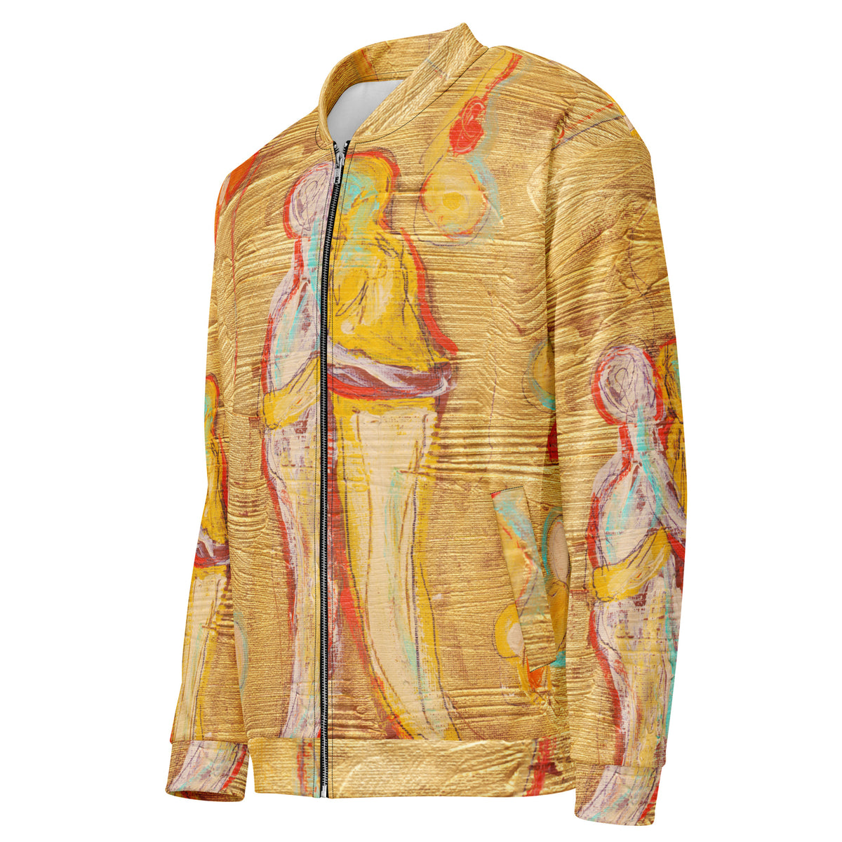 Flat three-quarter front of the bomber, embracing figures beside the zipper