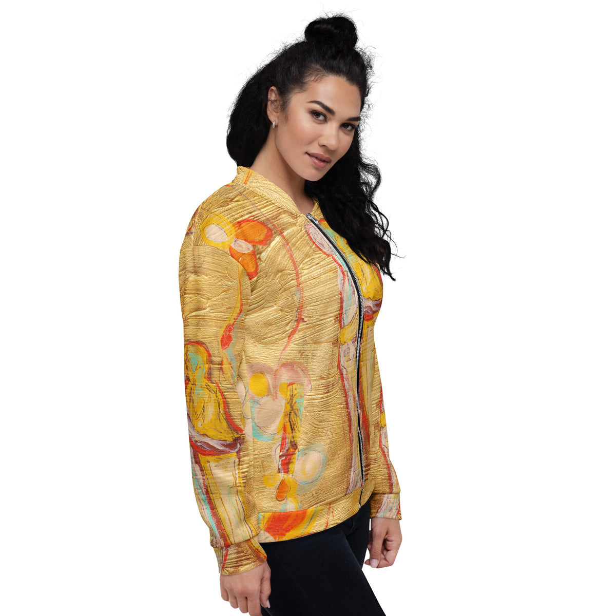Same model in side view smiling over her shoulder, figures on the sleeve