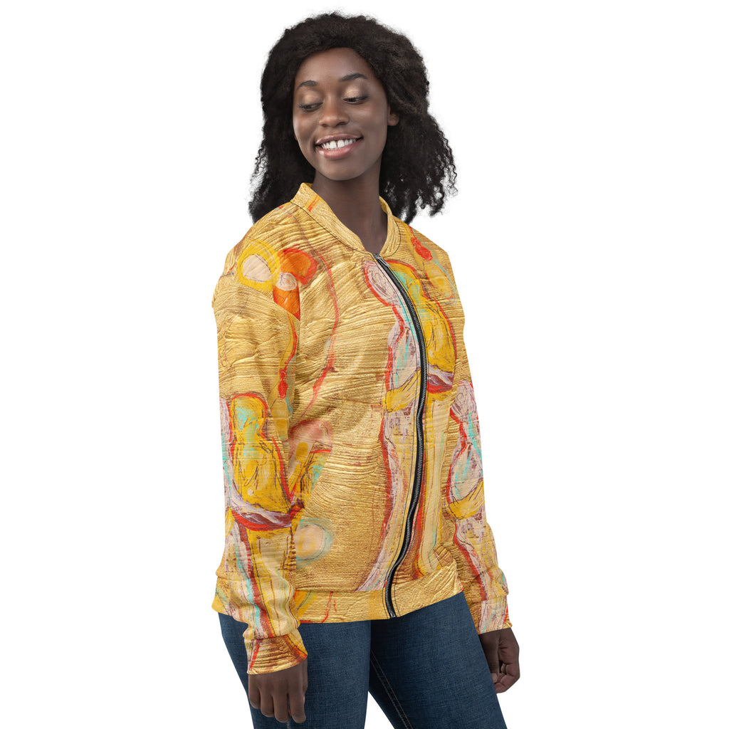 Same model in three-quarter view smiling downward, zipper and figures visible
