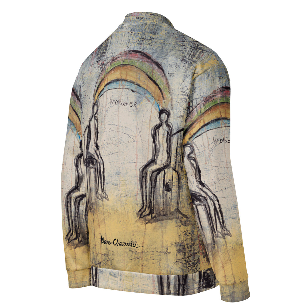 Flat back three-quarter view of the bomber with seated figures and the signature
