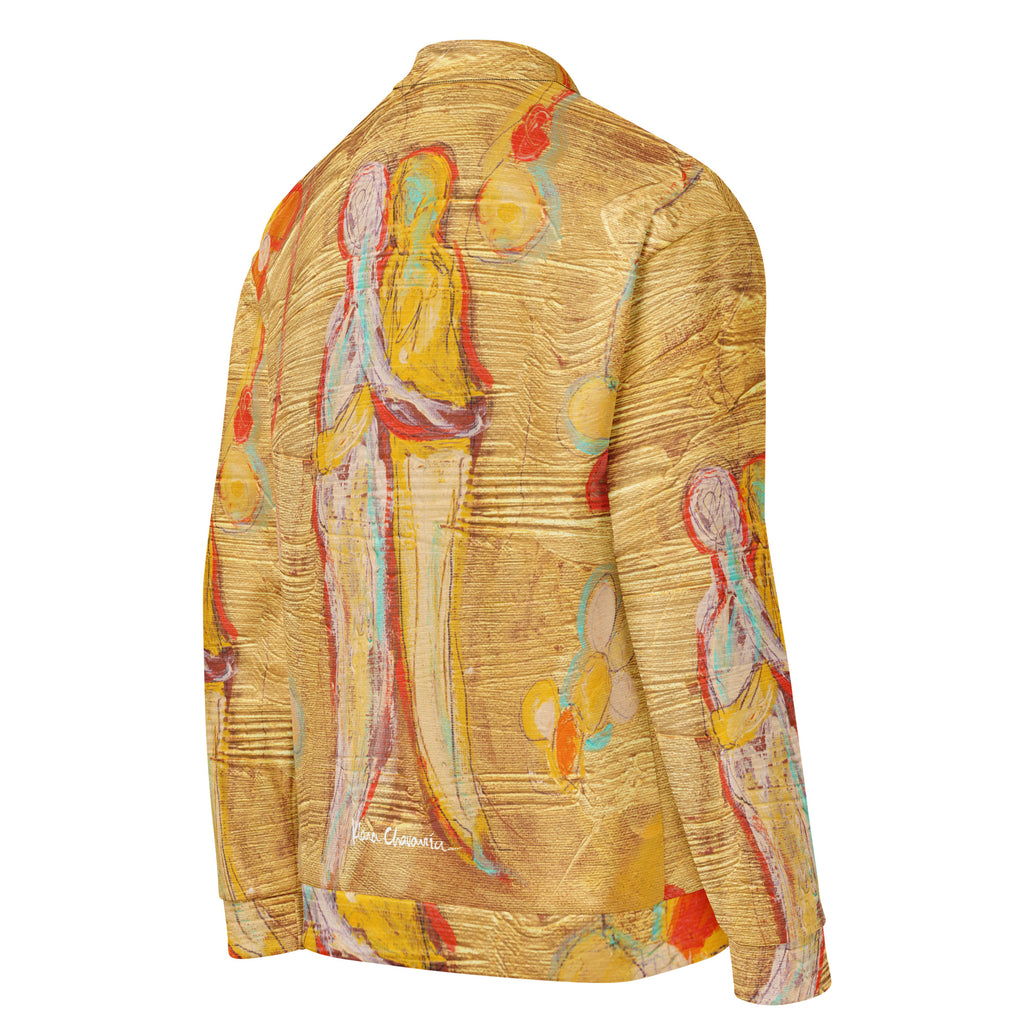 Flat back three-quarter view, figures across the back and sleeve, signature near hem