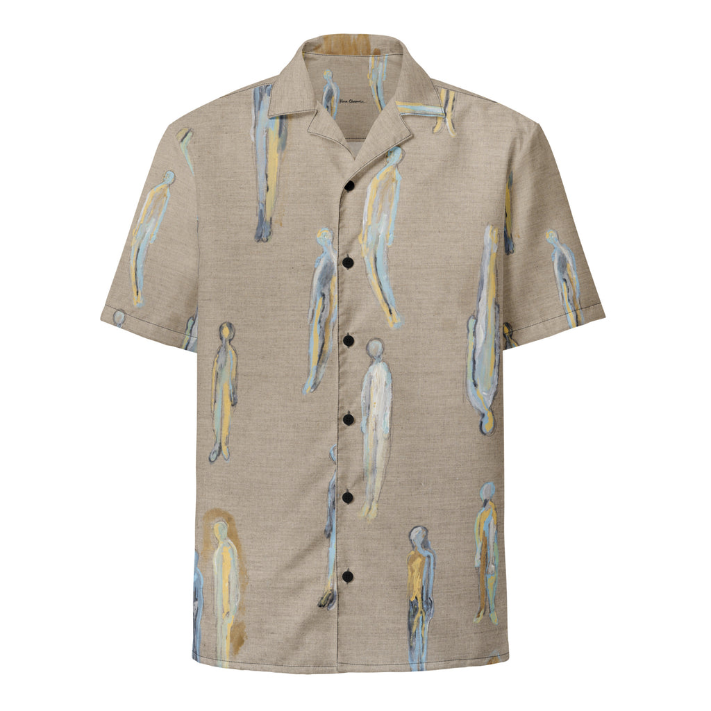 Flat front of a beige linen-look button shirt with pale blue and yellow standing figures, ASCENSION by Klara Chavarría