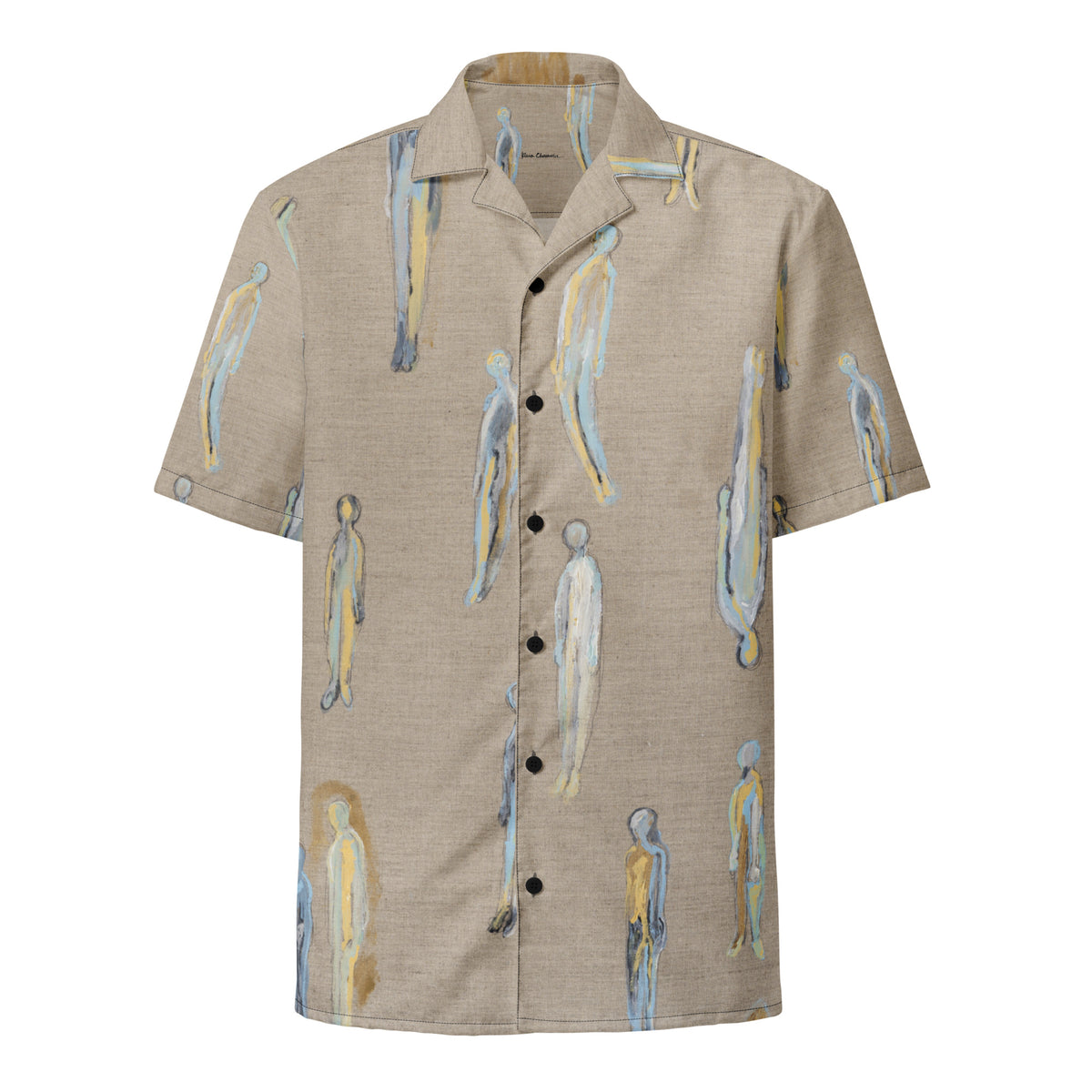 Flat front of a beige linen-look button shirt with pale blue and yellow standing figures, ASCENSION by Klara Chavarría