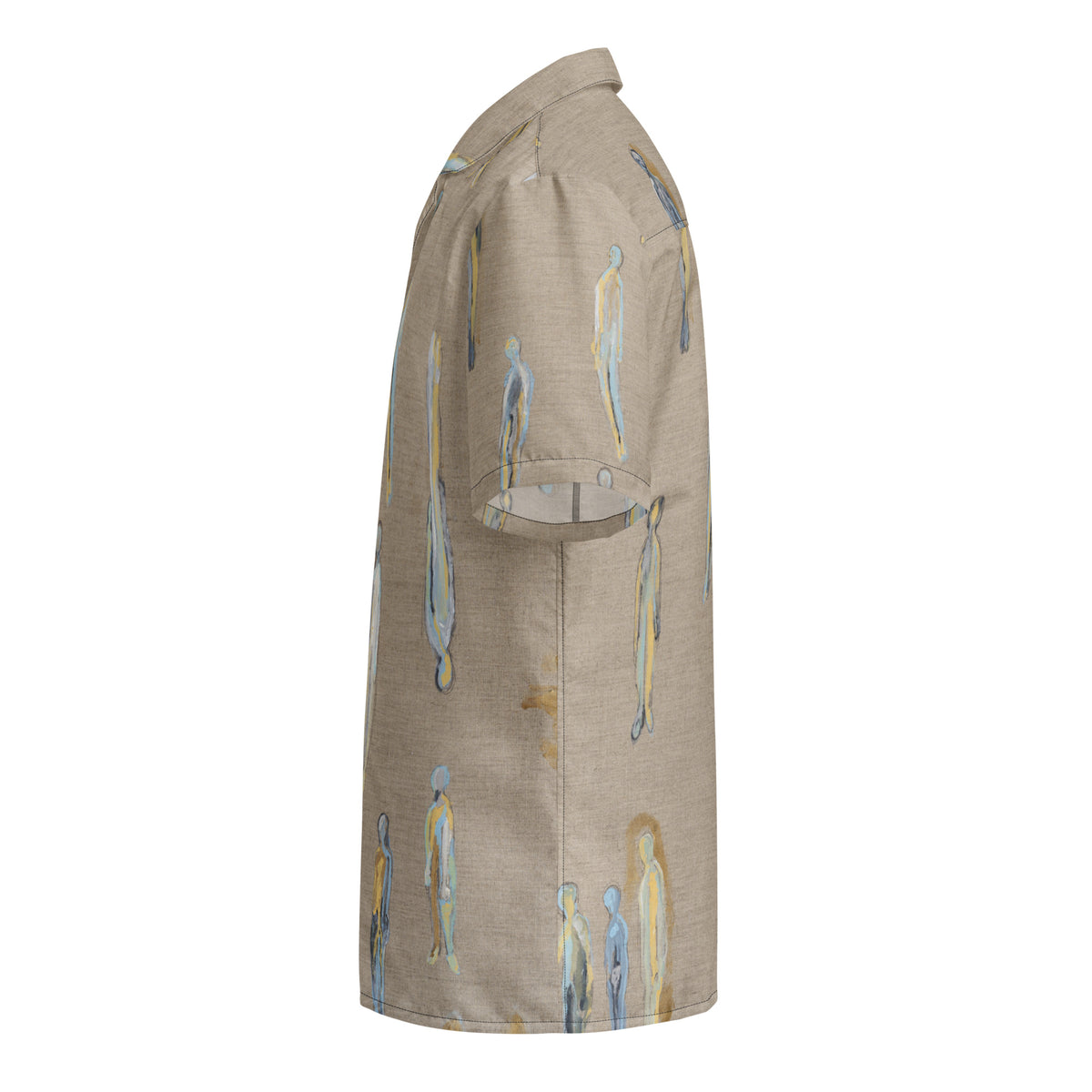Opposite side view of the shirt with figures on the sleeve and along the hem