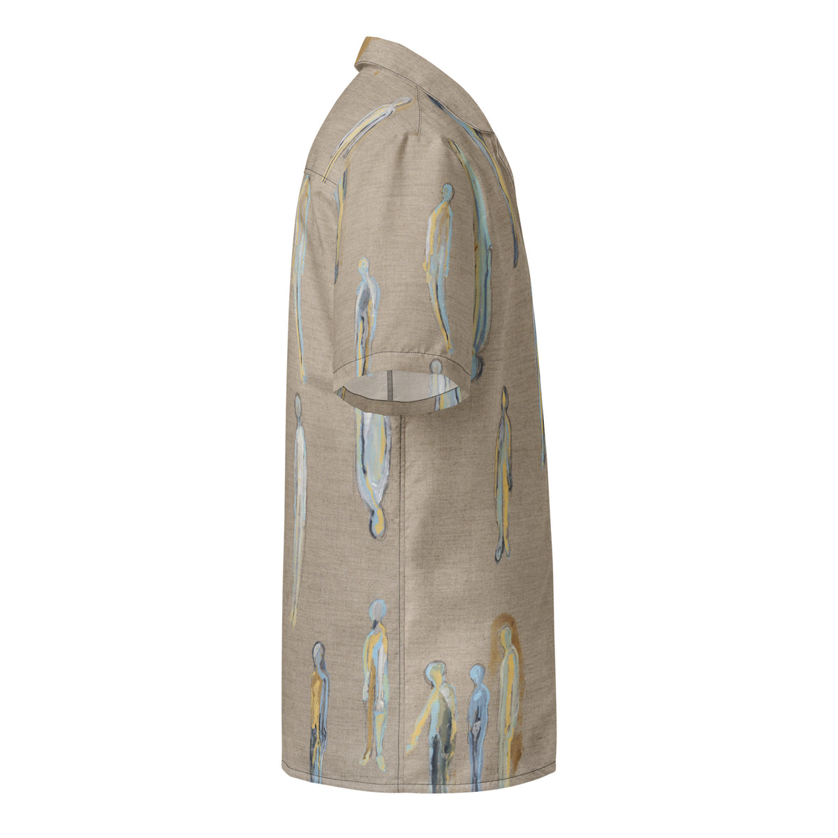 Side view of the shirt showing the sleeve and a cluster of figures at the hem