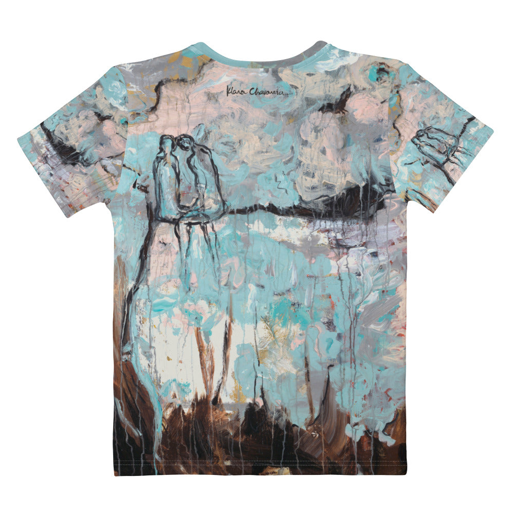 Flat back of the tee with black signature at the neck, outlined figures above dripping aqua paint