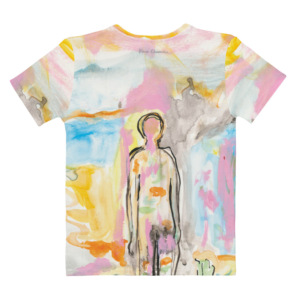 Flat back of the watercolor tee with a faint gray signature below the yellow collar