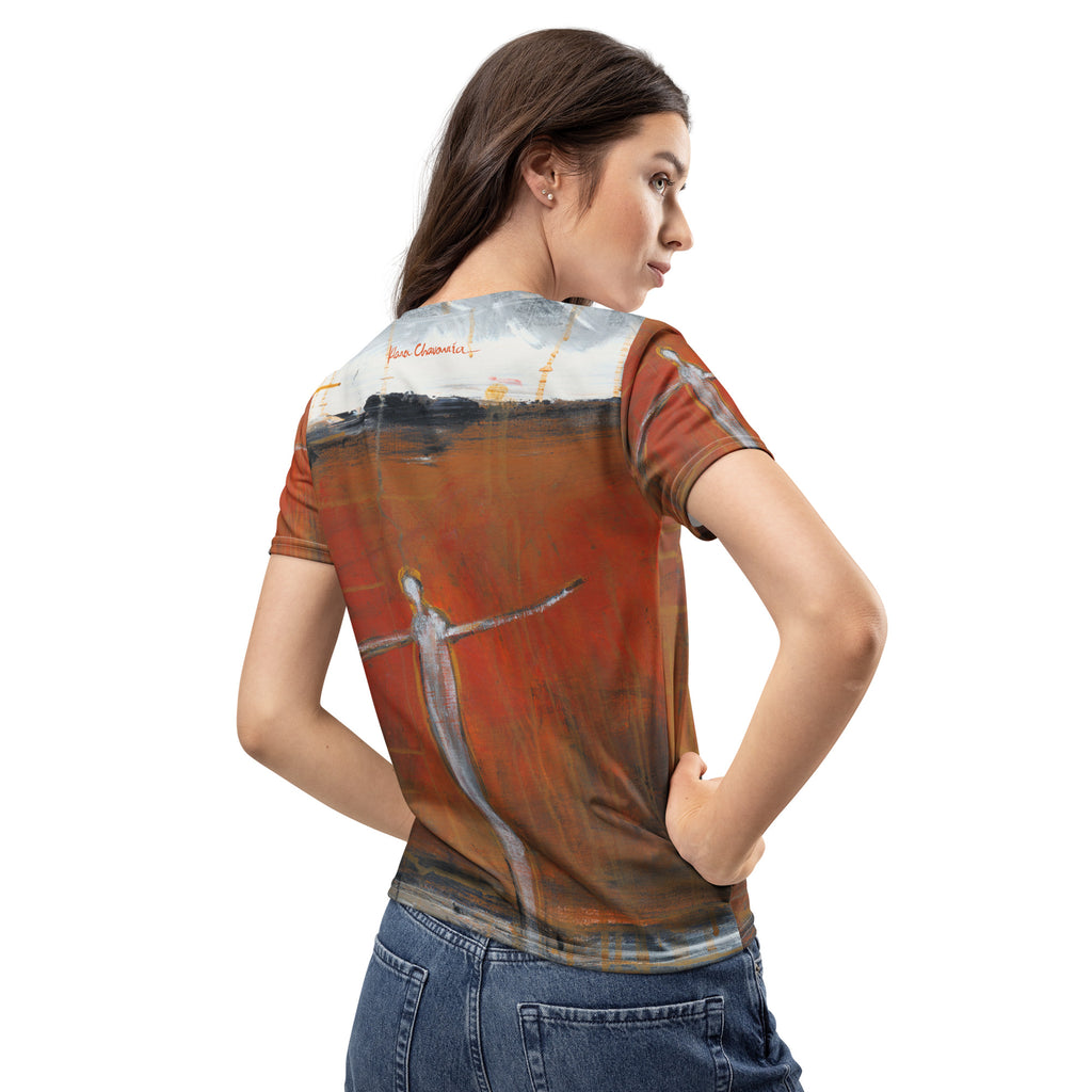 Model turned away with hand on hip, back of the tee showing signature and arms-wide figure