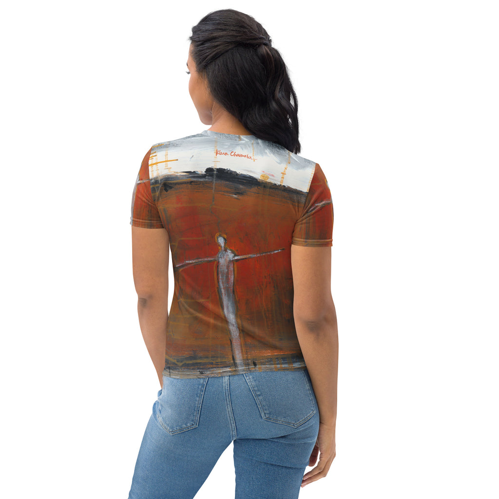 Back view of model with a ponytail in the tee and jeans, white band and figure on the back