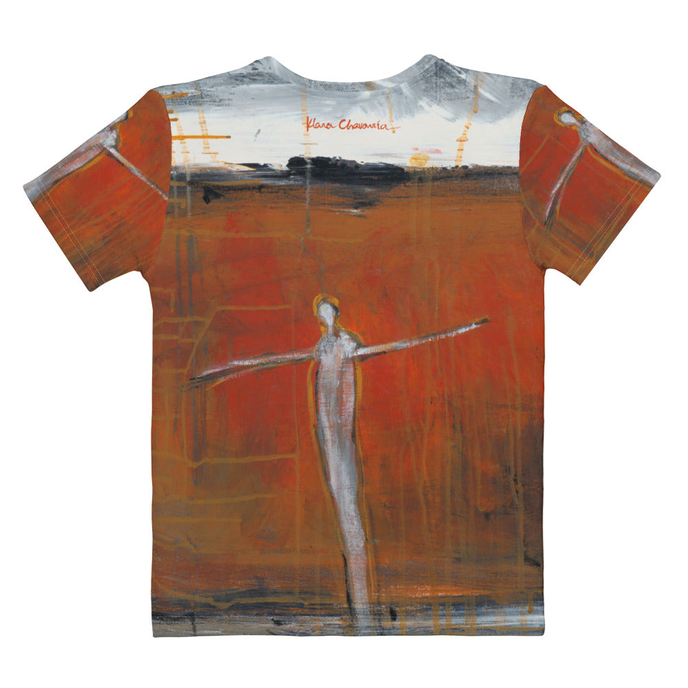 Flat back of the tee with a red signature in the white band above the outstretched figure