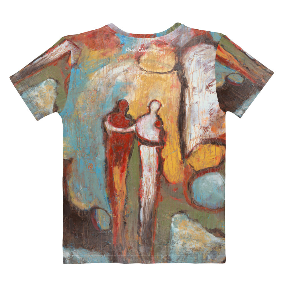 Flat back view of the tee, two figures arm in arm among teal, gold and white abstract shapes