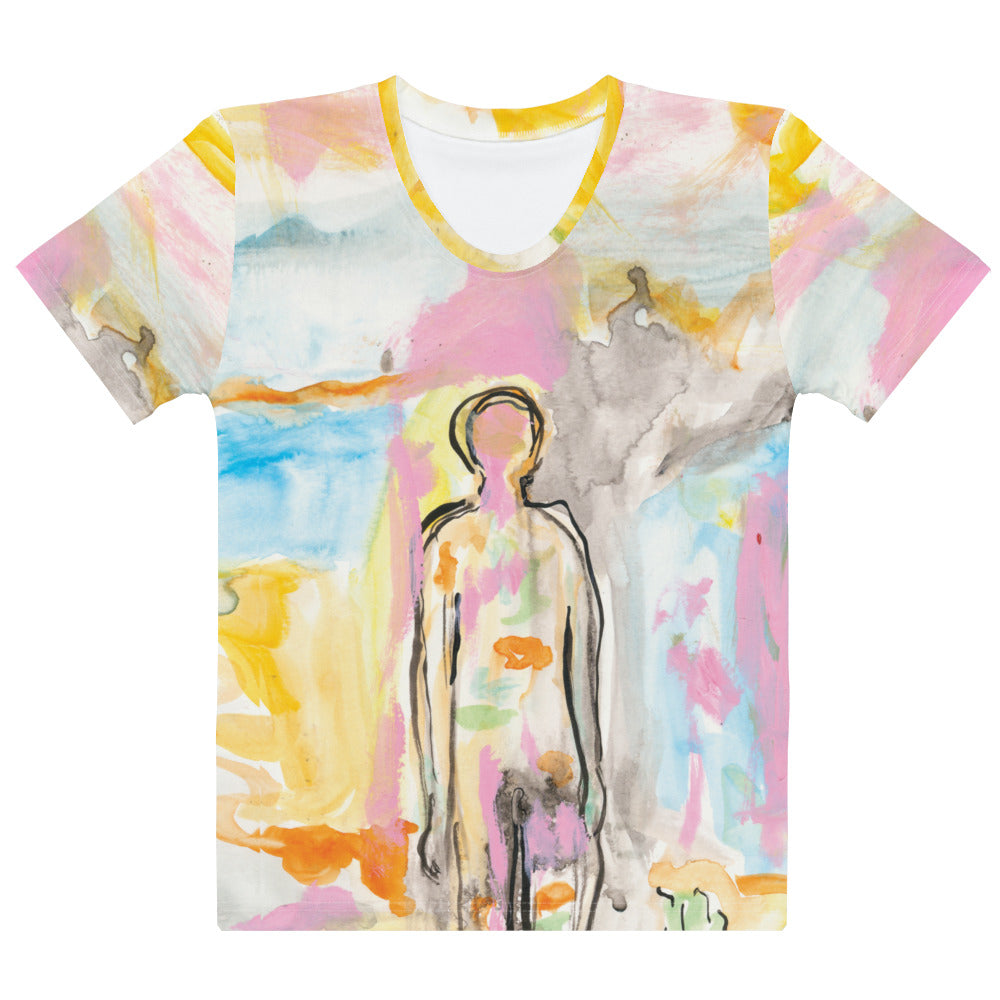 Flat front of a crew neck tee with a black-outlined figure in pastel watercolor, THE VIEW I by Klara Chavarría