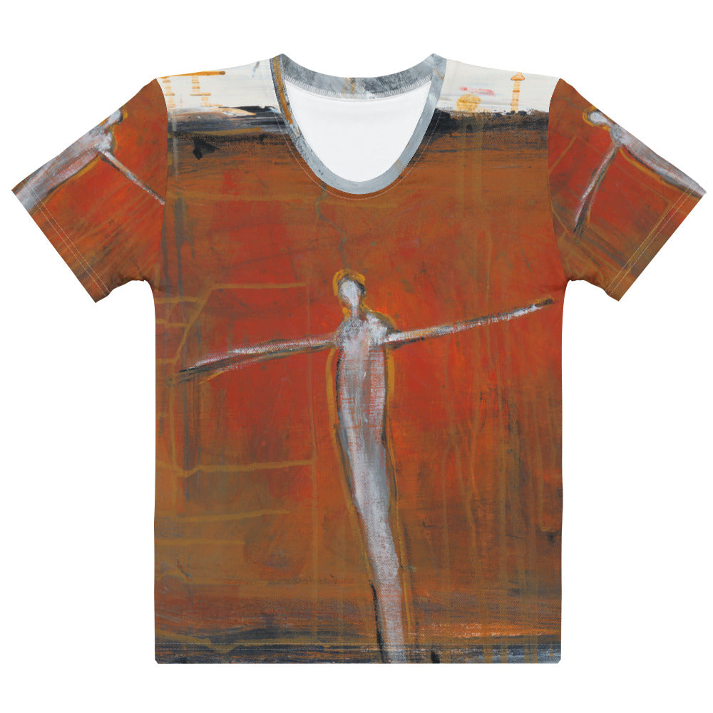 Flat front of crew neck tee, a pale figure with arms outstretched on rust red, COURAGE & RISK by Klara Chavarría