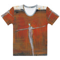 Flat front of crew neck tee, a pale figure with arms outstretched on rust red, COURAGE & RISK by Klara Chavarría