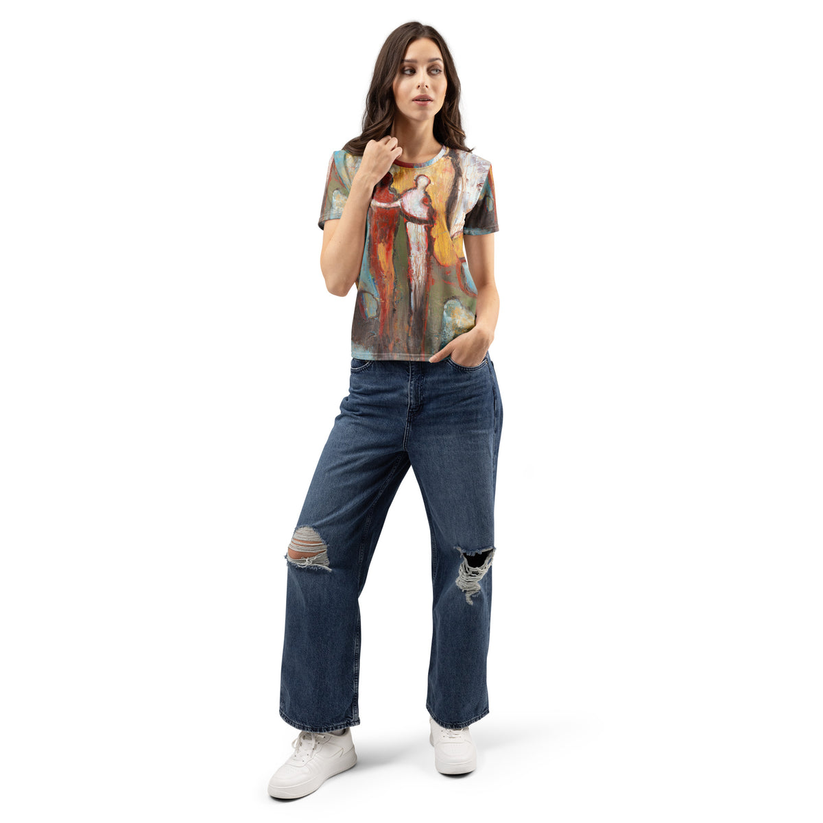Model in the print tee and ripped jeans, red and white figures arm in arm, JOURNEY OF TRUST by Klara Chavarría