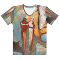 Flat front view of the crew neck tee, red-edged collar above the red and white figures standing together