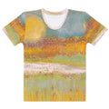 Flat front of the crew neck tee with a pink trimmed collar, sun, orange field and green grass