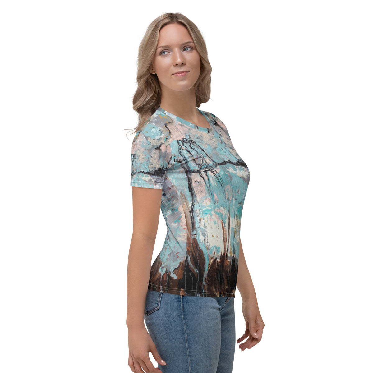 Side view of model looking over her shoulder, figures and dark ledge visible across the tee side