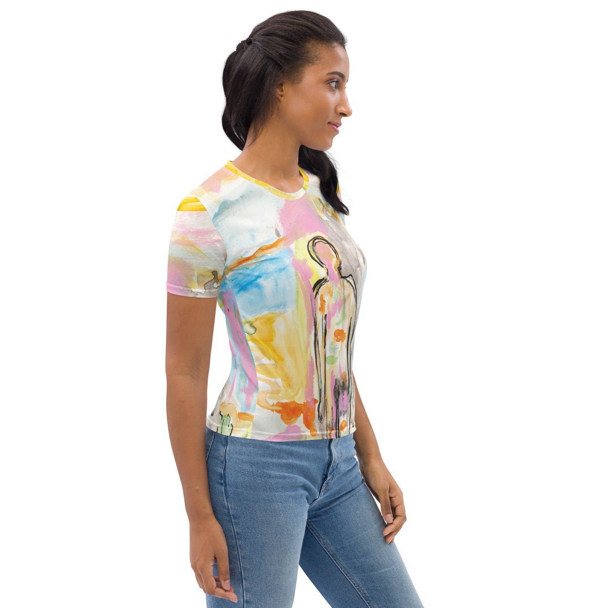Side profile of model with a braid in the watercolor tee, blue and yellow washes on the side