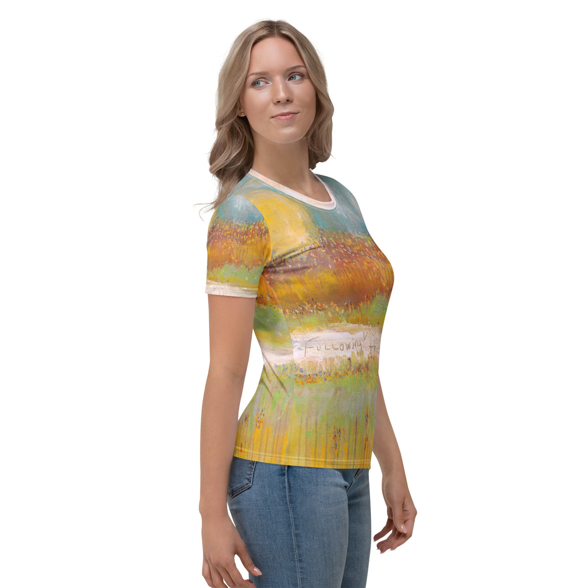 Model in side view glancing over her shoulder, handwritten Following on a pale band of the tee