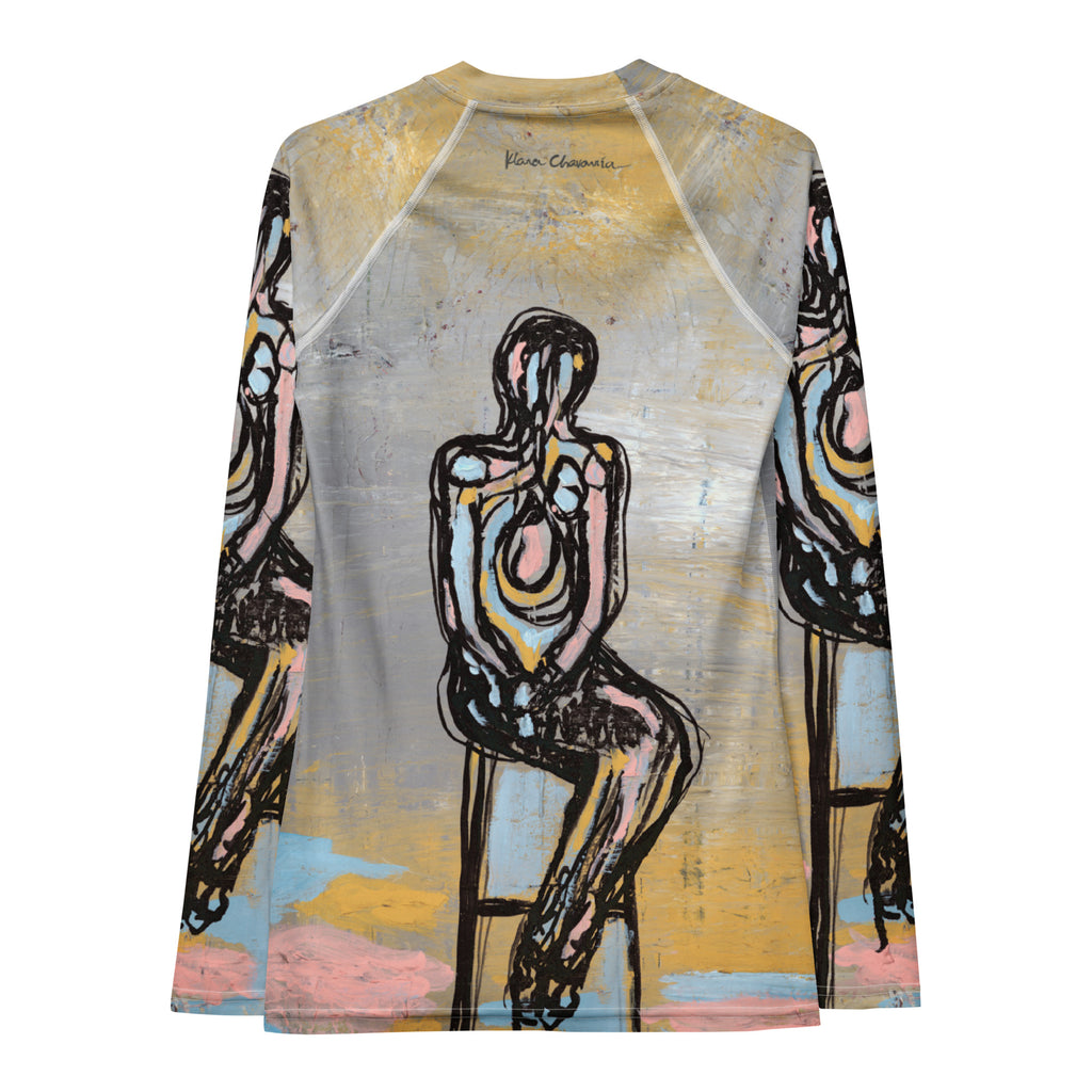 Back of the rash guard with sleeves angled out, figures on stools down both sleeves