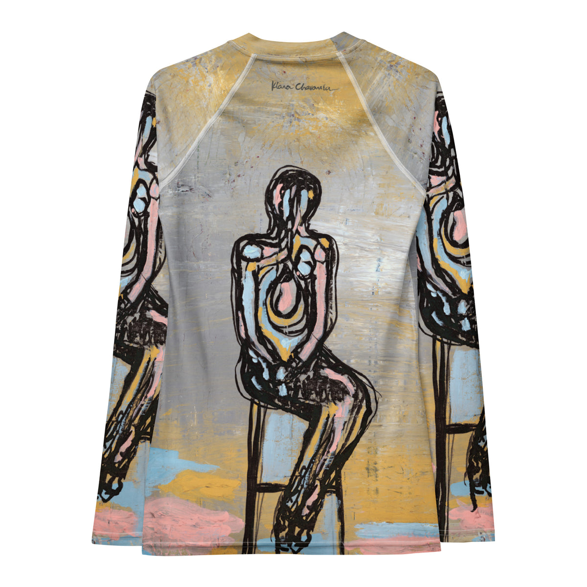 Back of the rash guard with sleeves angled out, figures on stools down both sleeves