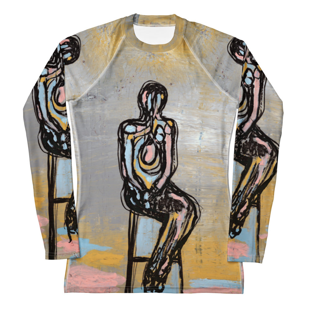 Rash guard front with a black outlined seated figure on a stool over gray and gold paint, WHY DO I FEEL? by Klara Chavarría