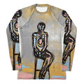 Rash guard front with a black outlined seated figure on a stool over gray and gold paint, WHY DO I FEEL? by Klara Chavarría
