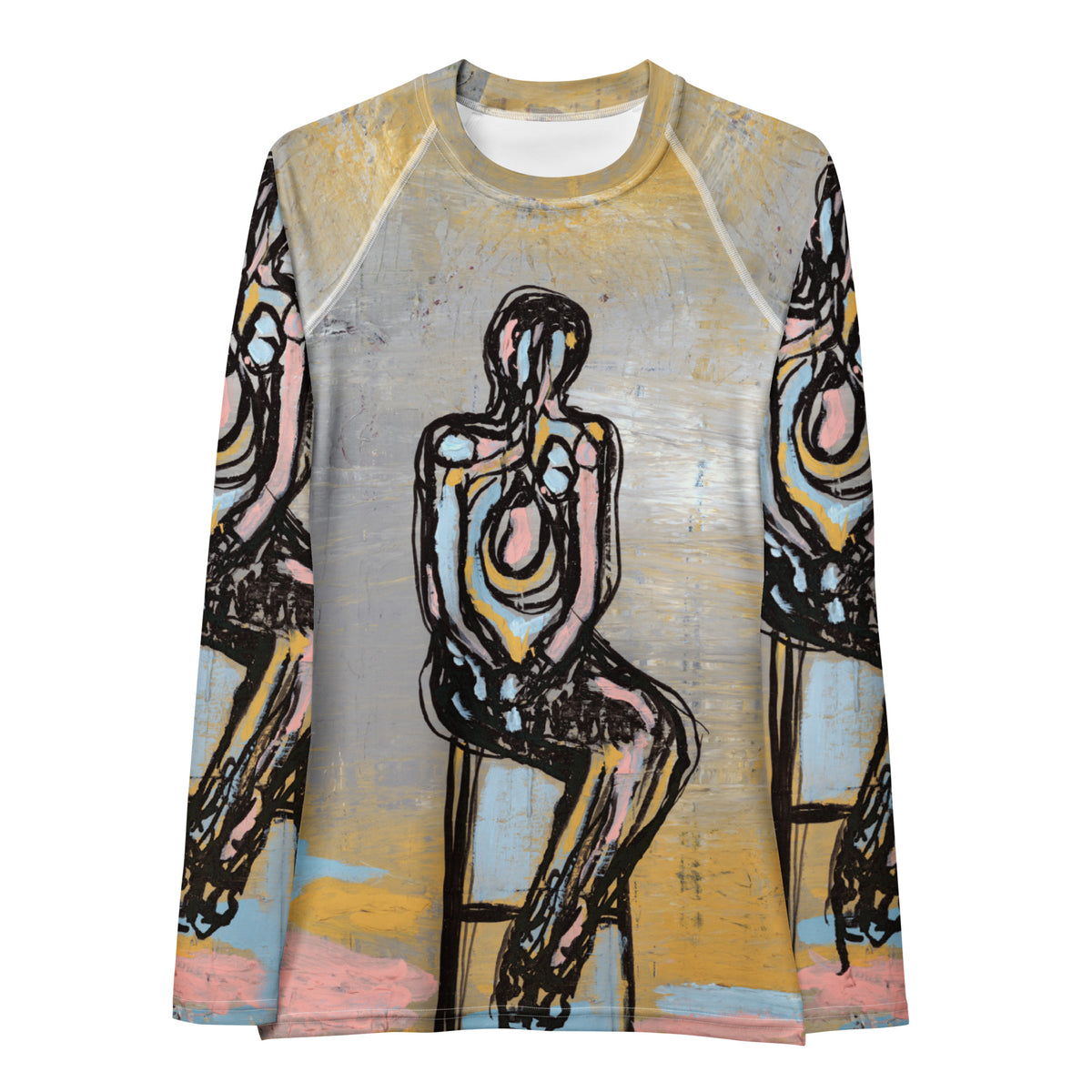 Front of the rash guard with a white collar, gold glow behind the seated figure, pink clouds at hem