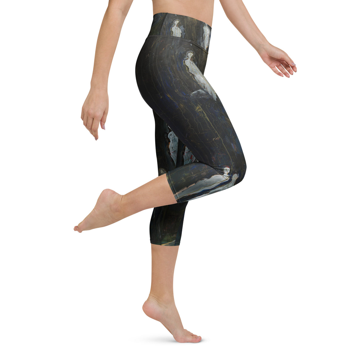 THE LIFE OF A SOUL art yoga capri leggings – right side on model, knee raised