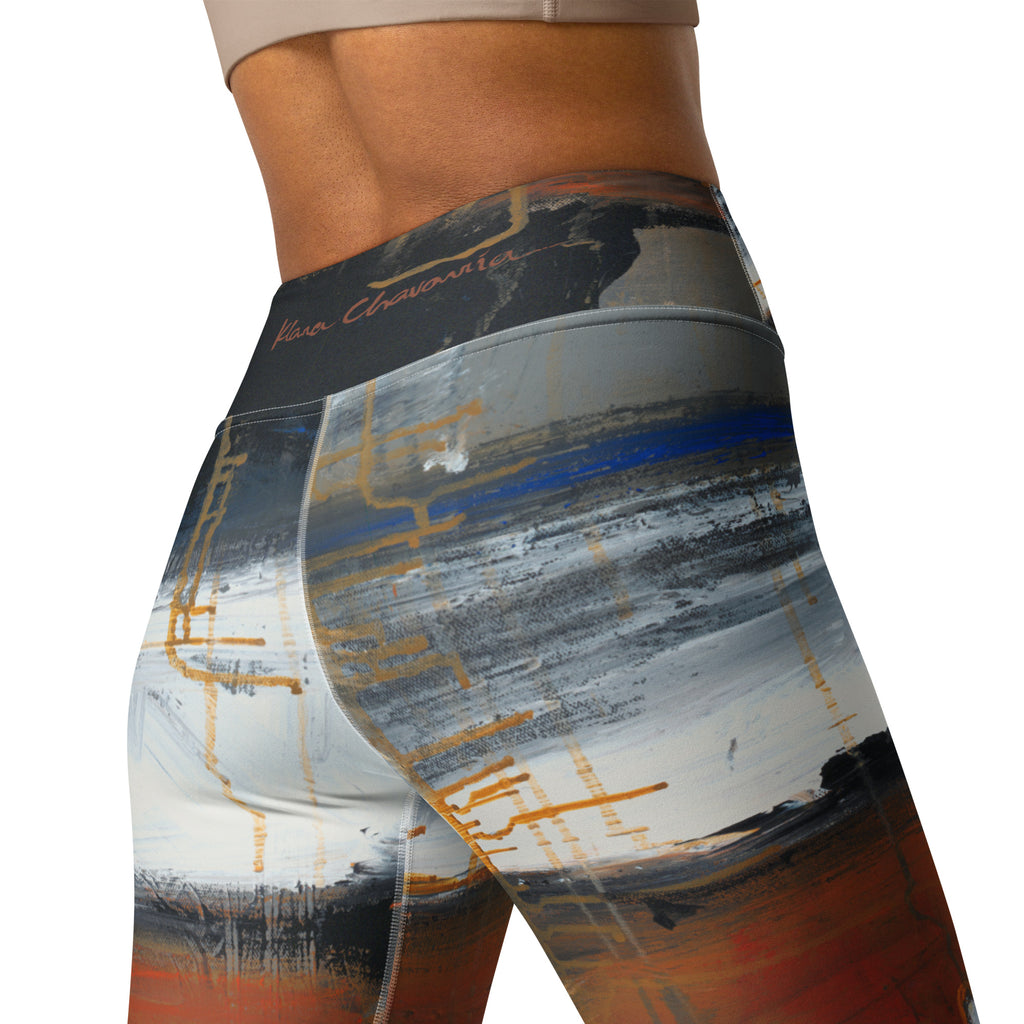 Close-up of the back waistband with a red signature over gold grid lines on gray