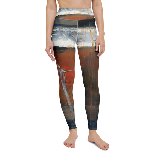 Front view of barefoot model in rust, white and navy leggings with an outlined figure, COURAGE & RISK by Klara Chavarría