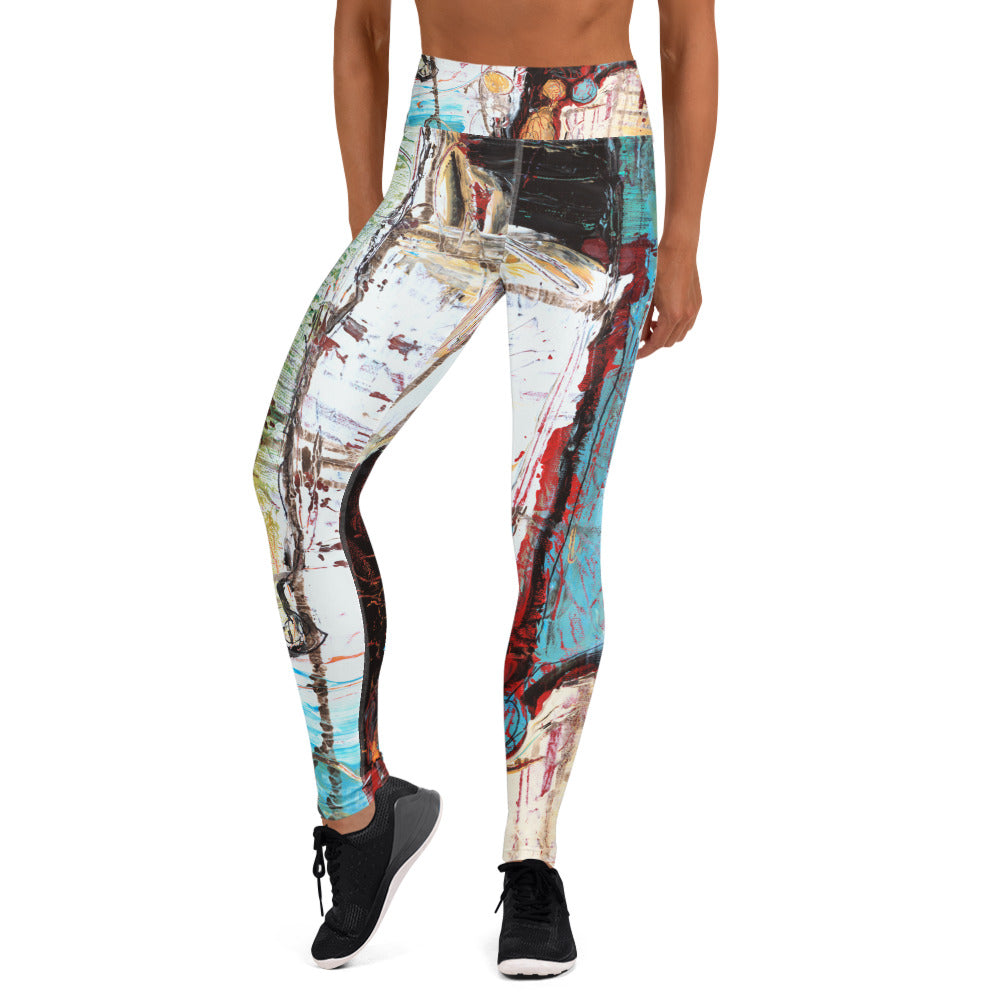Front view of model in painted leggings with black sneakers, REFLECTIONS II by Klara Chavarría