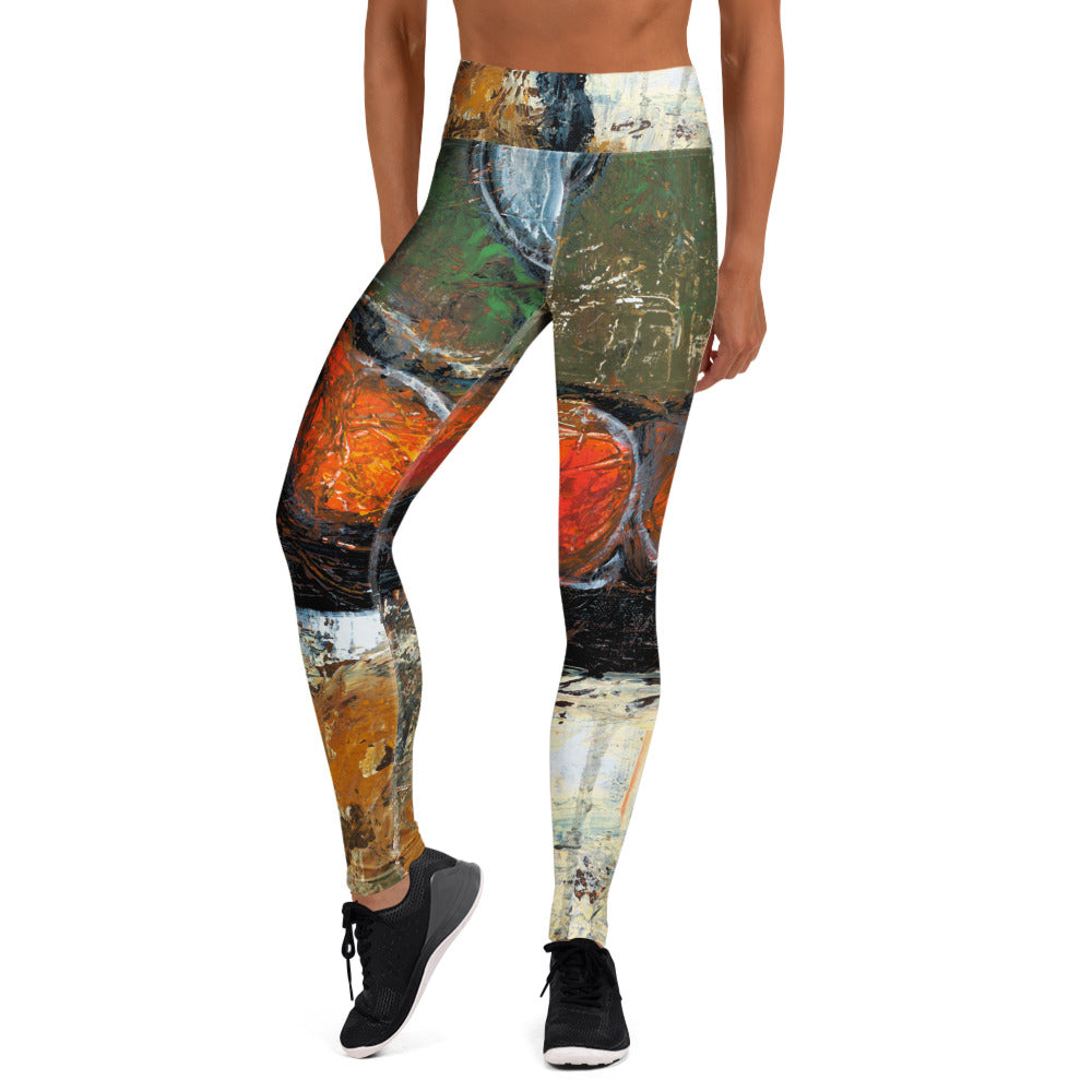 Front of yoga leggings in olive, orange and cream paint, PROTECTED BY THE CIRCLE OF NO FEAR I by Klara Chavarría