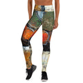 Front of yoga leggings in olive, orange and cream paint, PROTECTED BY THE CIRCLE OF NO FEAR I by Klara Chavarría