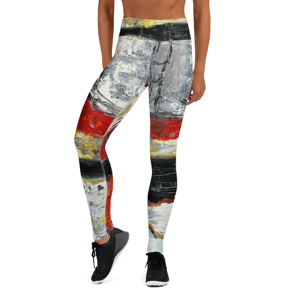 Front of leggings in gray, red, black and yellow abstract brushwork, ALLOWING YOURSELF TO FEEL by Klara Chavarría