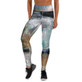 Front of yoga leggings in gray, white, teal and ochre textured paint, CONTEMPLATION AND TRUST by Klara Chavarría