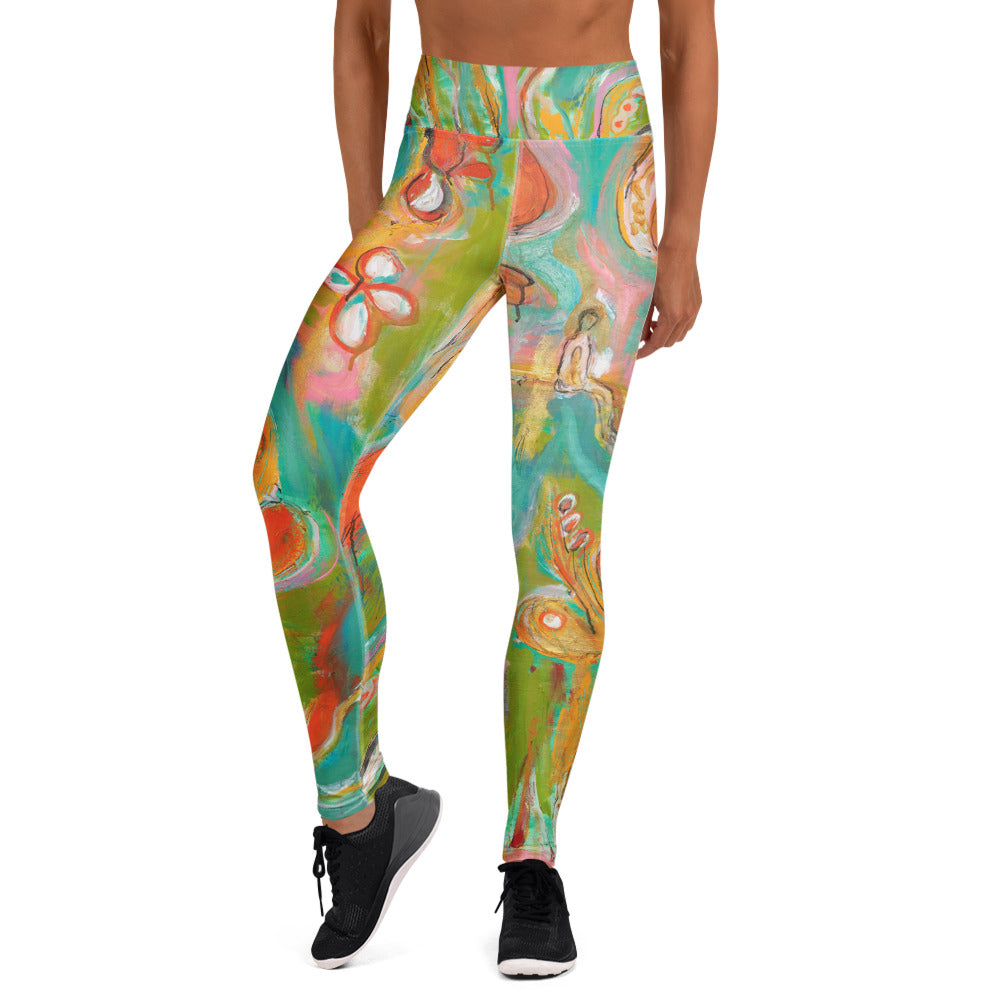 Front of floral leggings with a seated figure, ONCE UPON A TIME... OUR STORY WITH NATURE by Klara Chavarría