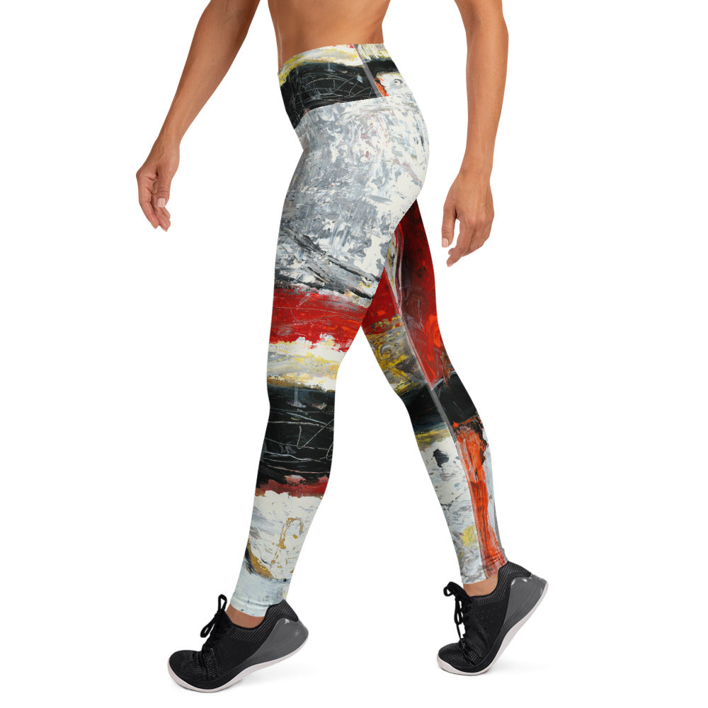 Model walking in side view in the abstract leggings with black sneakers
