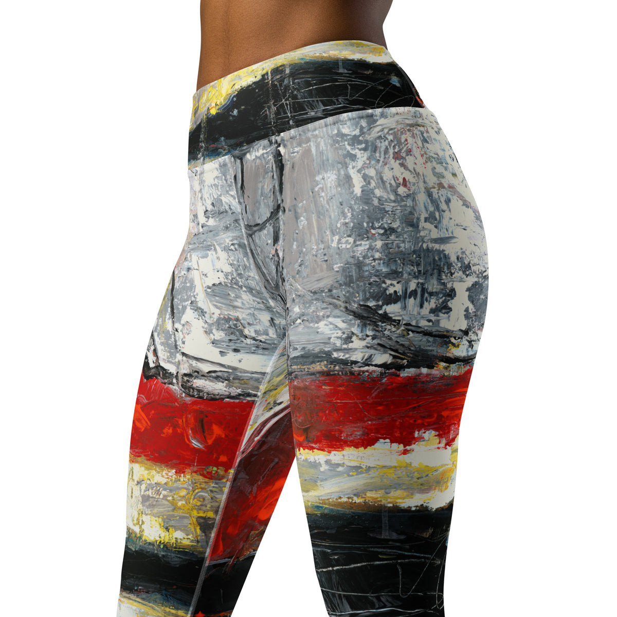 Close-up of the hips and thighs in gray and red brushwork with a black waistband