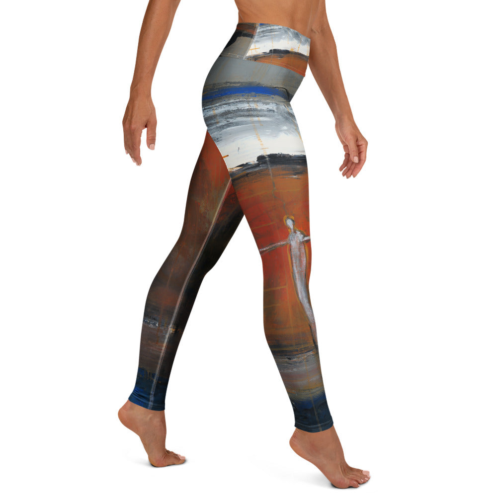 Side view of barefoot model walking, leggings with a pale figure with open arms on rust red
