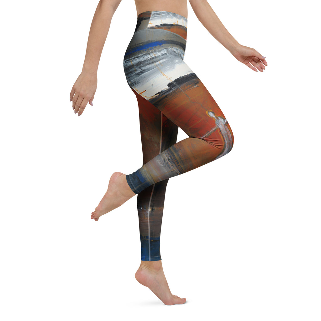 Barefoot model lifting one knee, figure with outstretched arms on the rust thigh