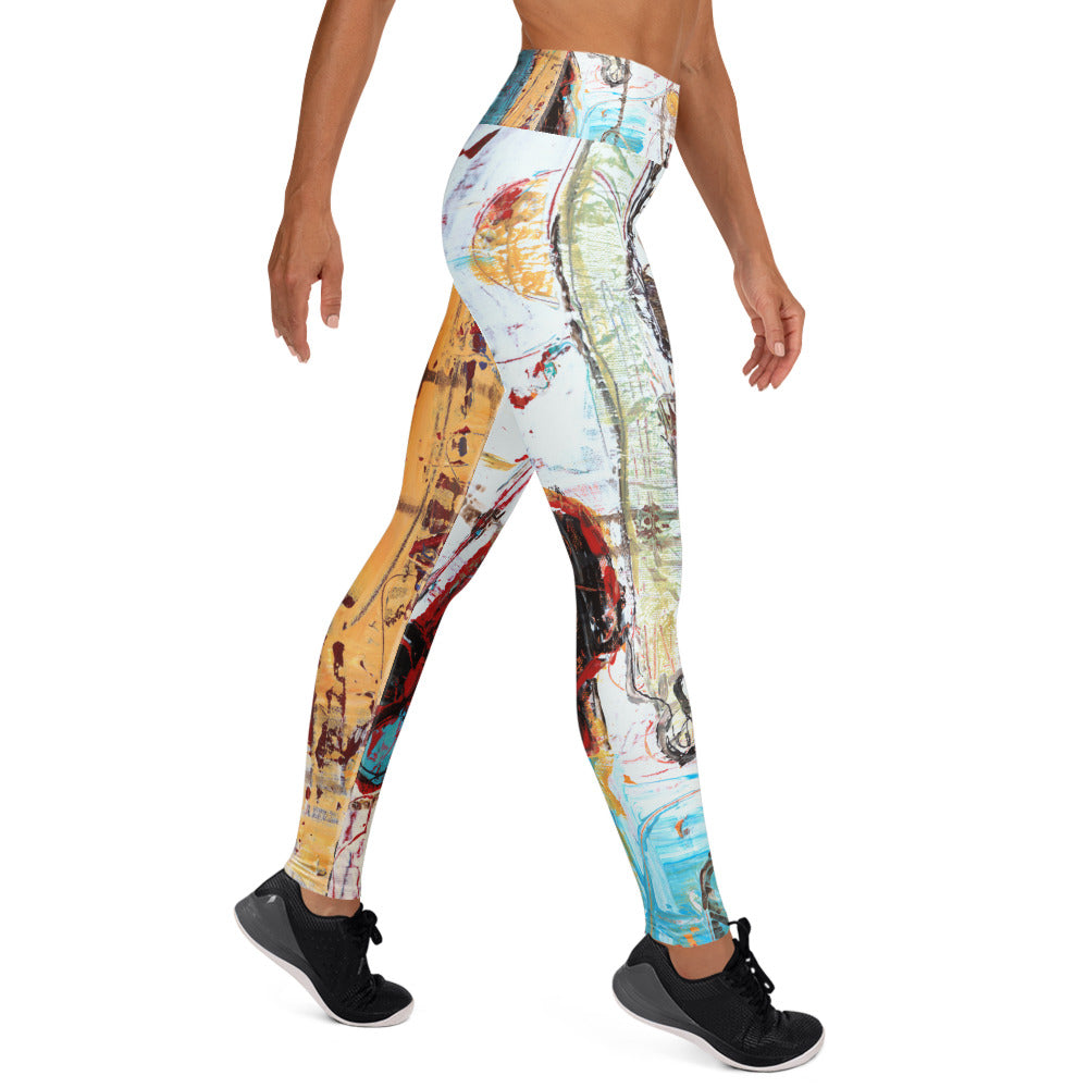 Side view in the leggings, white hip with an ochre circle, black sneakers mid-stride