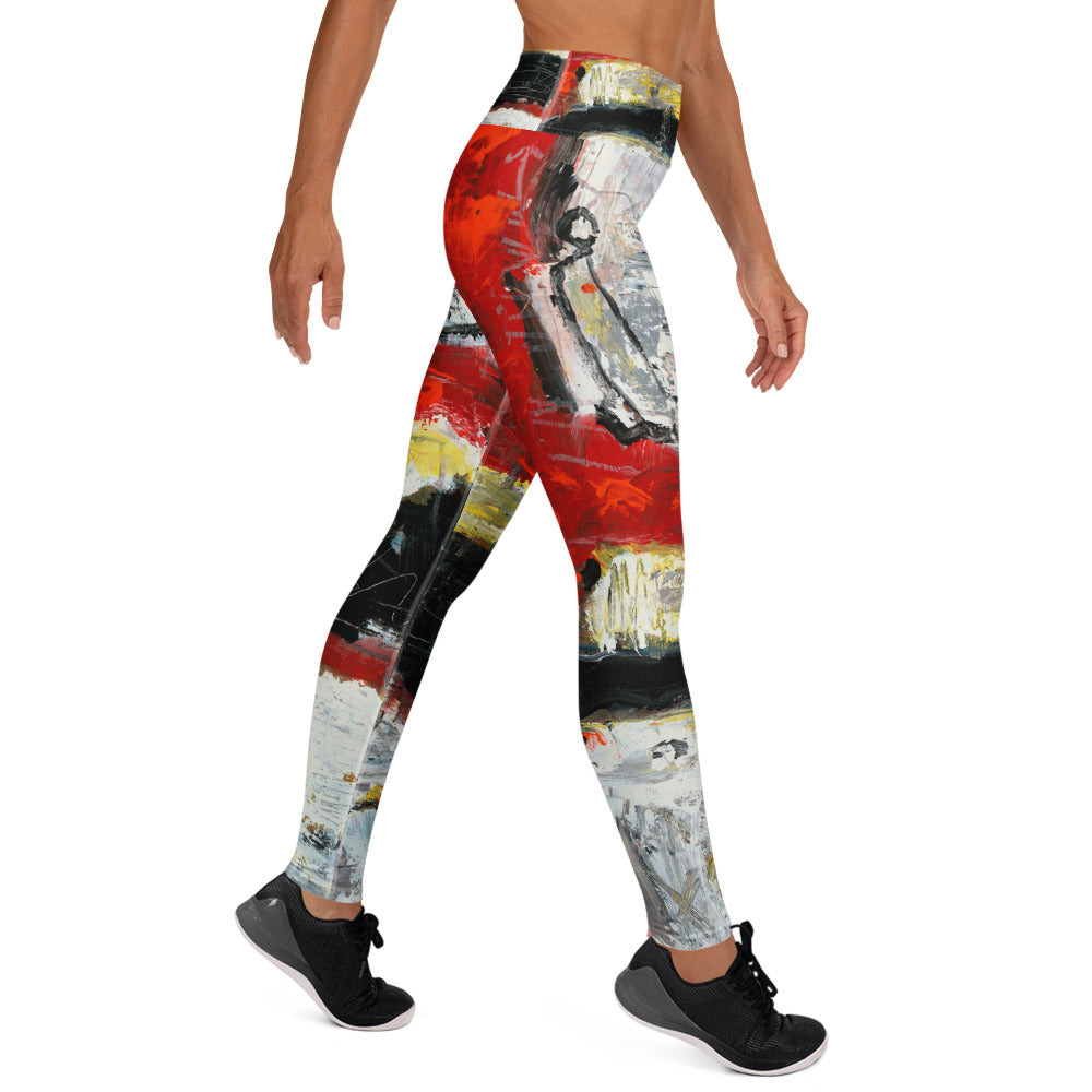 Side view mid-stride, red and black brushwork with a dark outlined shape on the hip
