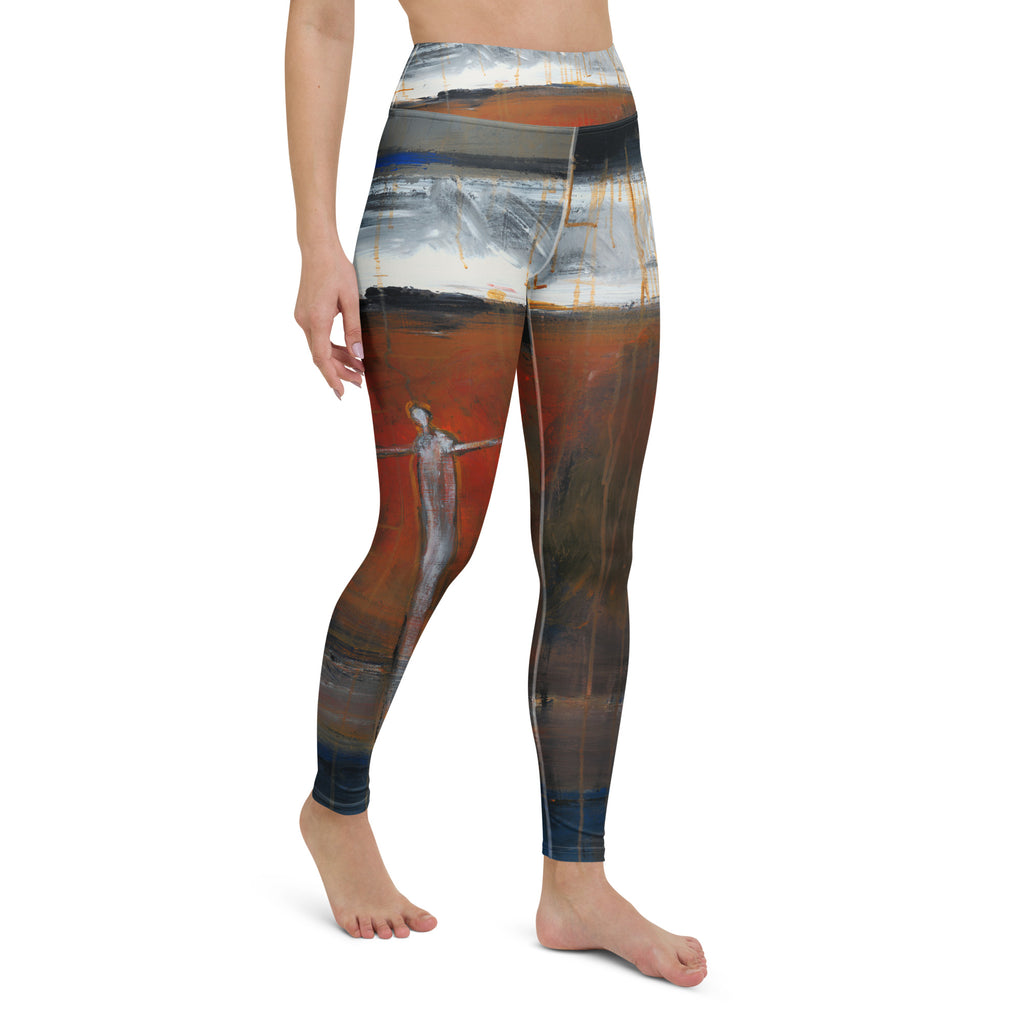 Front three-quarter view of barefoot model, pale figure on a red field on one leg