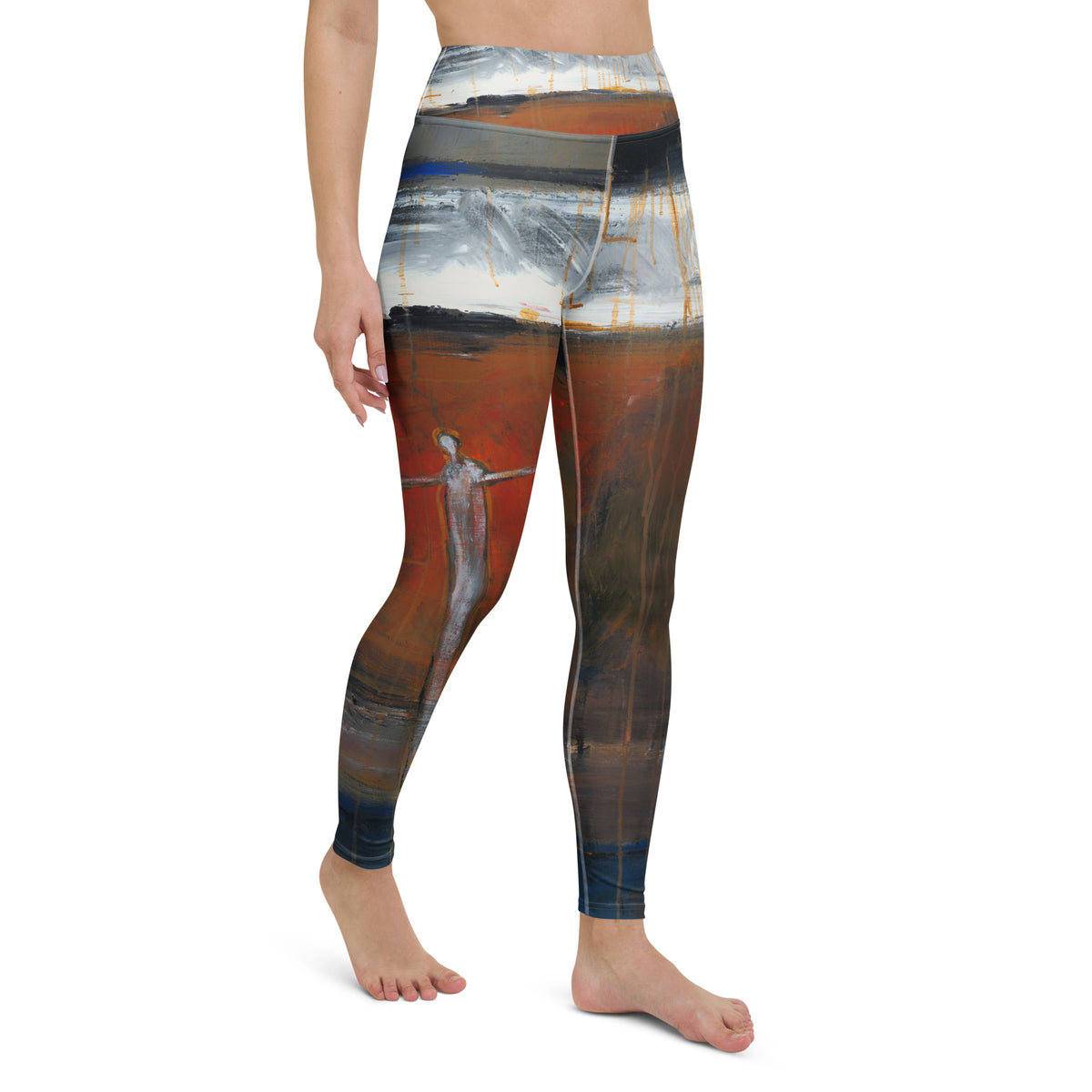 Front three-quarter view of barefoot model, pale figure on a red field on one leg