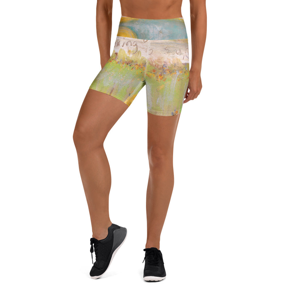 FOLLOWING THE SUN PART II art yoga shorts – front on model