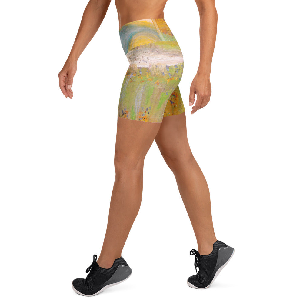 FOLLOWING THE SUN PART II art yoga shorts – side view on model