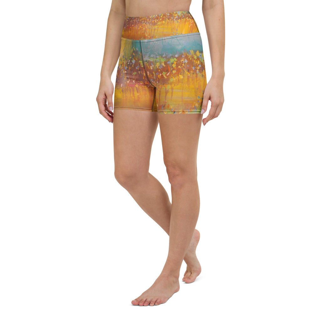 FOLLOWING THE SUN PART I art yoga shorts – front on model