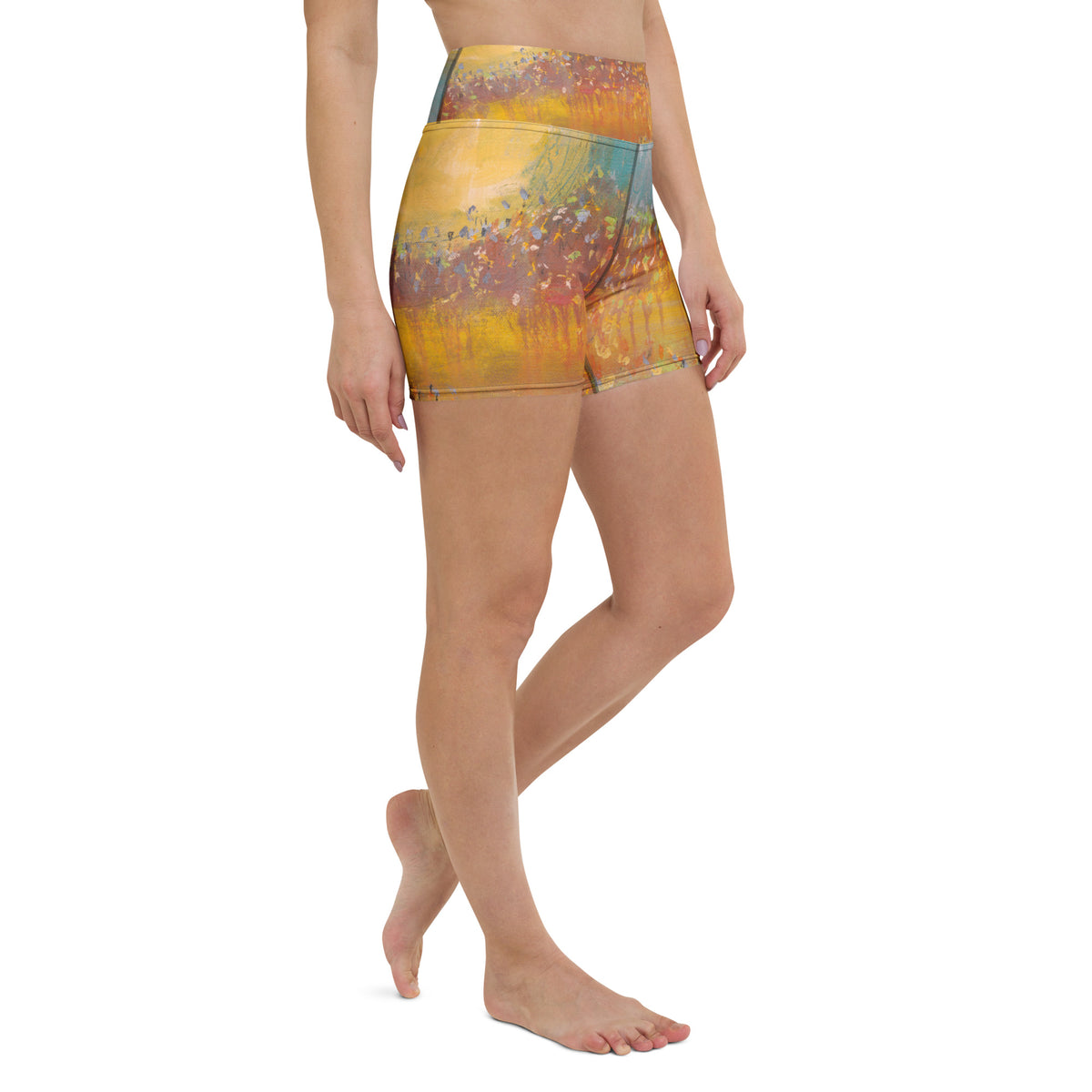 FOLLOWING THE SUN PART I art yoga shorts – three-quarter front on model